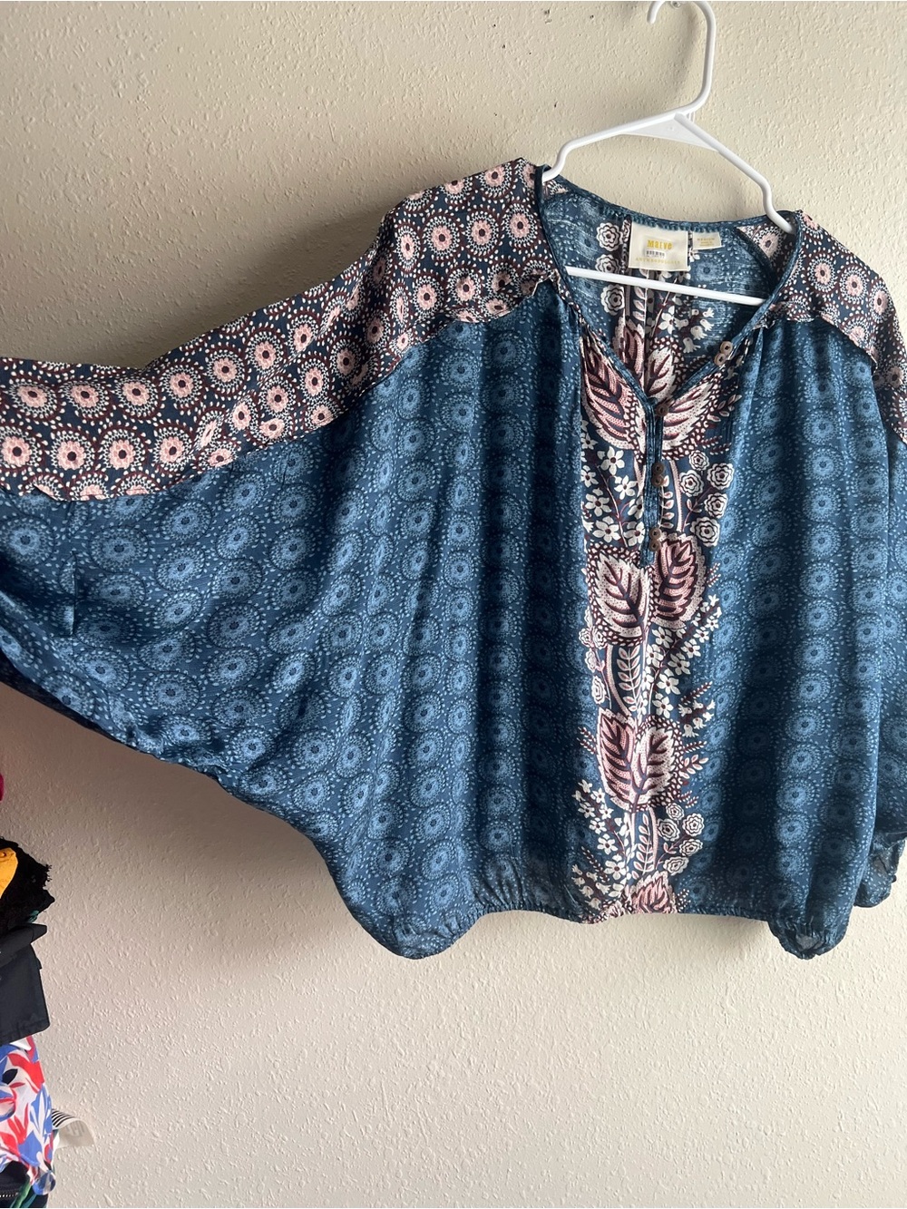 Anthropologie Indigo Blue & Blush Printed Peasant Tunic